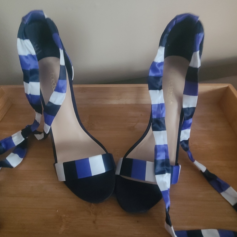 heel sandles blue, white and purple  NY shoedazzle